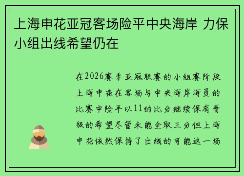 上海申花亚冠客场险平中央海岸 力保小组出线希望仍在 上海申花亚冠客场险平中央海岸 力保小组出线希望仍在