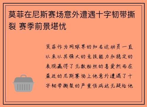 莫菲在尼斯赛场意外遭遇十字韧带撕裂 赛季前景堪忧 莫菲在尼斯赛场意外遭遇十字韧带撕裂 赛季前景堪忧